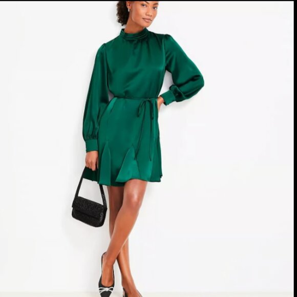 ANN TAYLOR LOFT SATIN GODET BRILLIANT EMERALD GREEN TULIP MINI DRESS TIE S - Picture 1 of 10